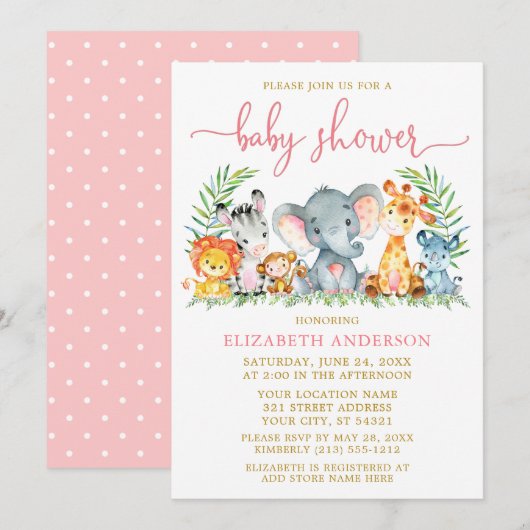 Waterverf Safari Dieren tonen roze Script Gold Kaart (Voorkant / Achterkant)