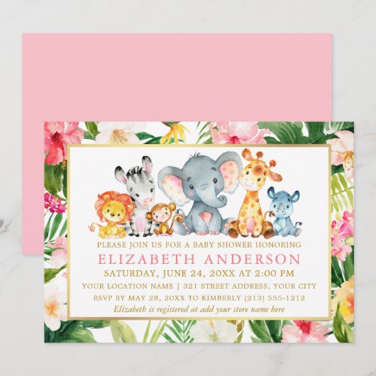 Waterverf Safari Dieren Tropisch Baby shower Kaart (Voorkant / Achterkant)