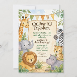 Waterverf Safari Dieren Verjaardagsfeestje Kaart