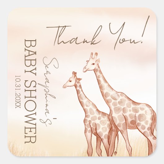 Waterverf Safari Giraffe Baby shower Dank u Vierkante Sticker (Voorkant)
