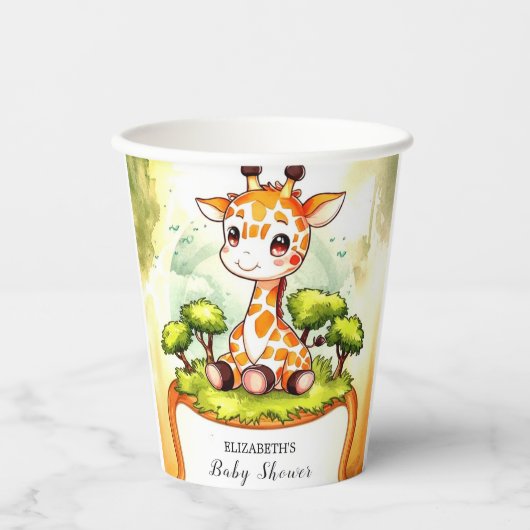 Waterverf Safari Giraffe Baby shower Papieren Bekers (Voorkant)