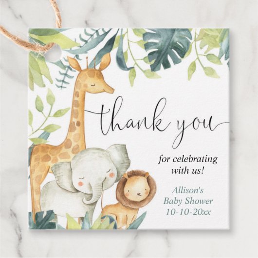 Waterverf Safari oerwoud Dieren baby shower Bedankjes Labels (Voorkant)