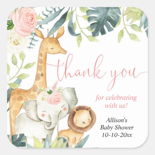Waterverf safari oerwoud dieren meisje baby shower vierkante sticker (Voorkant)