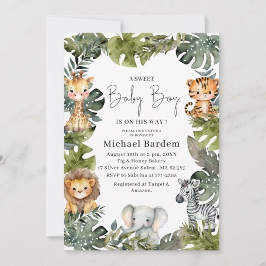 Waterverf Safari Wild Een 1e Verjaardagsjongen Inv Kaart (Voorkant)