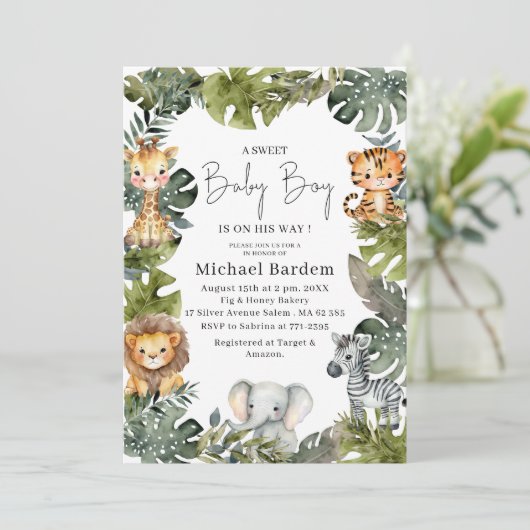 Waterverf Safari Wild Een 1e Verjaardagsjongen Inv Kaart (Staand voorkant)