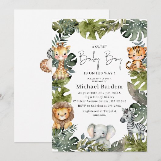 Waterverf Safari Wild Een 1e Verjaardagsjongen Inv Kaart (Voorkant / Achterkant)