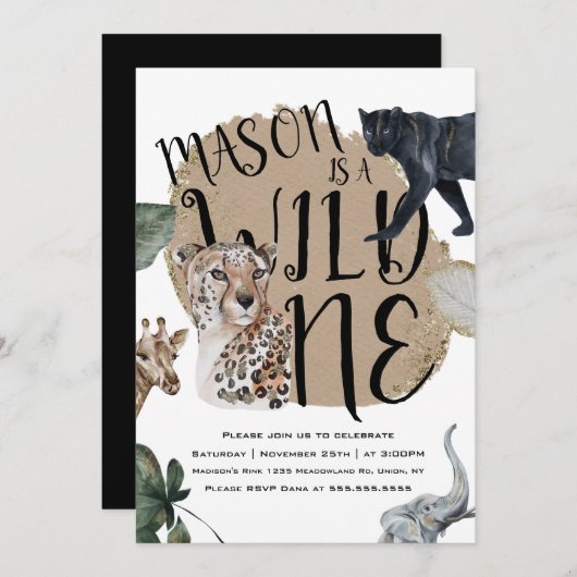 Waterverf Safari Wild One Animal Birthday Party Kaart (Voorkant / Achterkant)