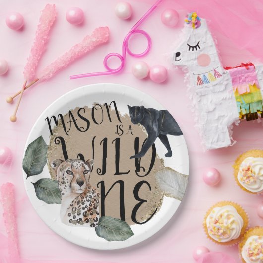 Waterverf Safari Wild One Animal Birthday Party Papieren Bordje (Feest)