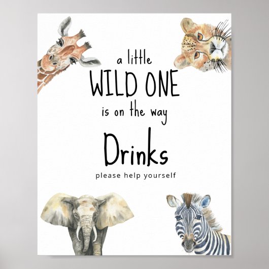 Waterverf Safari Wilde Dieren - Drinken Poster (Voorkant)