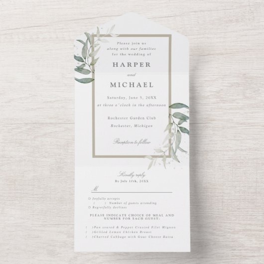 waterverf sage bladeren rsvp bruiloft all in one uitnodiging (Binnen)