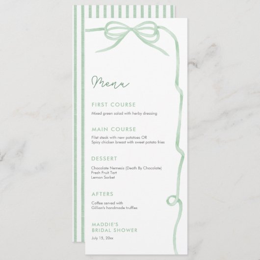 Waterverf Sage Green Bow Vrijgezellenfeest Individ Menu (Voorkant / Achterkant)