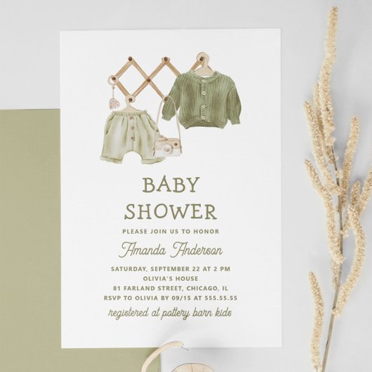 Waterverf Sage Green Clothes. neutraal Baby shower Kaart