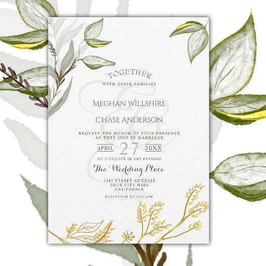 Waterverf Sage Green en Gold Foliage Kaart