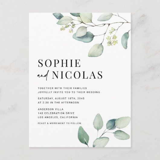 Waterverf Sage Green Eucalyptus QR Code Huwelijk Uitnodiging Briefkaart (Voorkant)