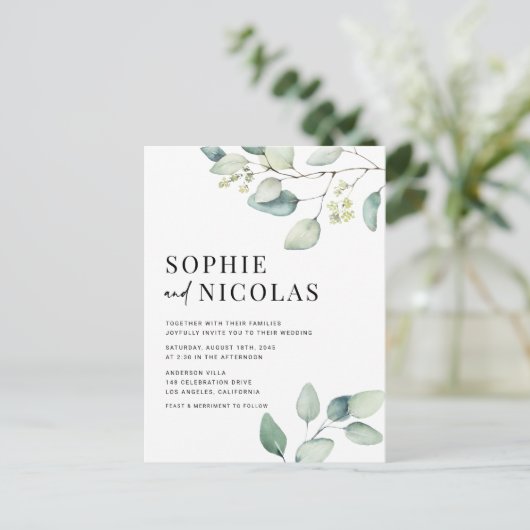 Waterverf Sage Green Eucalyptus QR Code Huwelijk Uitnodiging Briefkaart (Staand voorkant)