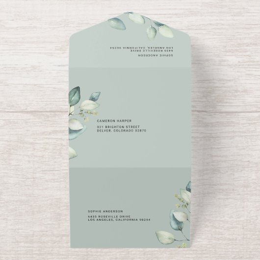 Waterverf Sage Green Eucalyptus verlaat bruiloft All In One Uitnodiging (Buiten)