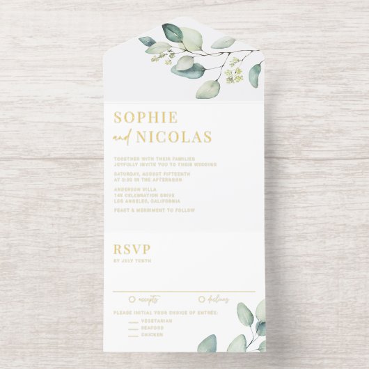 Waterverf Sage Green Eucalyptus verlaat bruiloft All In One Uitnodiging (Binnenkant)