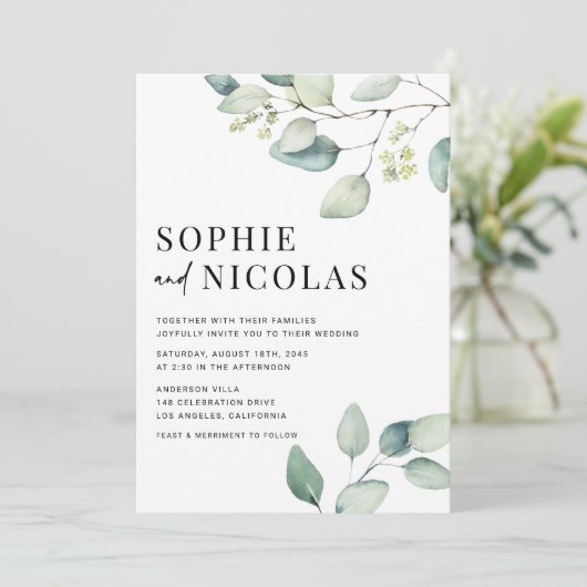 Waterverf Sage Green Eucalyptus Weddenschap Kaart (Staand voorkant)