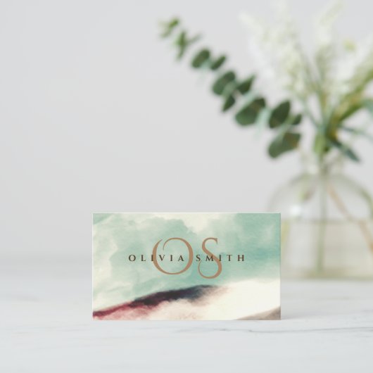 Waterverf Sage Green Landscape Monogramed Visitekaartje (Staand voorkant)