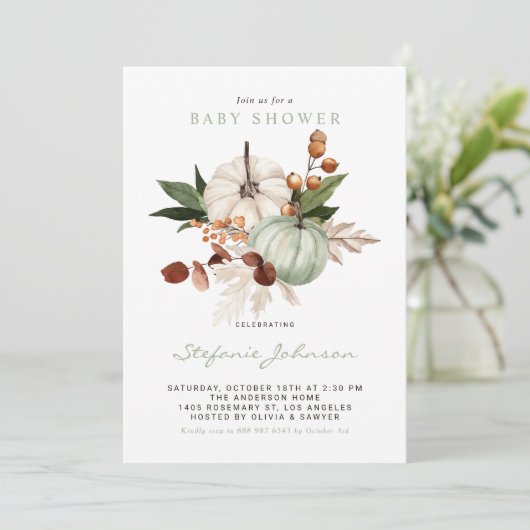 Waterverf Sage Green Pumpkins Herfst Baby shower Kaart (Staand voorkant)