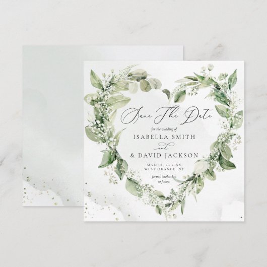 Waterverf Sage Greenery Foliage Heart Romantic Save The Date (Voorkant / Achterkant)