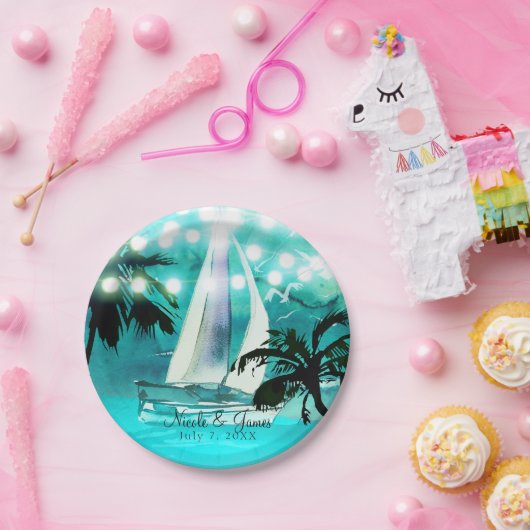 Waterverf Sailboat Palm Trees & String Lights Papieren Bordje (Feest)