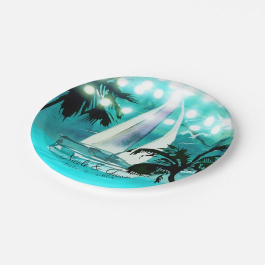 Waterverf Sailboat Palm Trees & String Lights Papieren Bordje (Gekanteld)