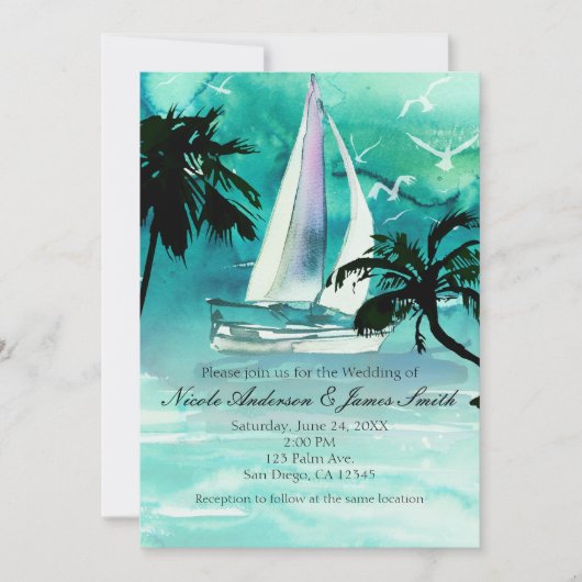 Waterverf Sailboat & Palm Trees Zee Uitnodigingen (Voorkant)