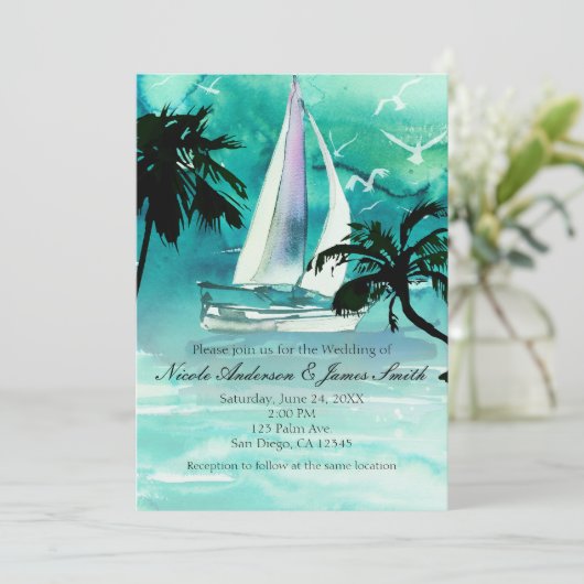 Waterverf Sailboat & Palm Trees Zee Uitnodigingen (Staand voorkant)