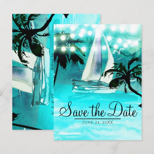 Waterverf Sailboat Trees & Lights Save the Date Aankondigingskaart (Voorkant / Achterkant)