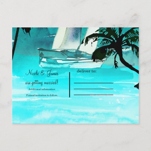 Waterverf Sailboat Trees & Lights Save the Date Aankondigingskaart (Achterkant)