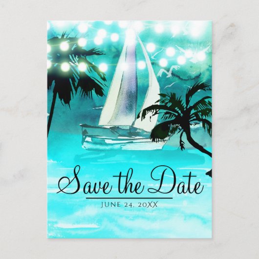 Waterverf Sailboat Trees & Lights Save the Date Aankondigingskaart (Voorkant)