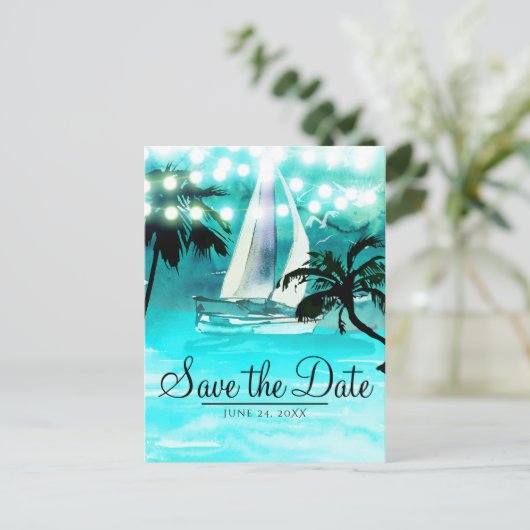 Waterverf Sailboat Trees & Lights Save the Date Aankondigingskaart (Staand voorkant)