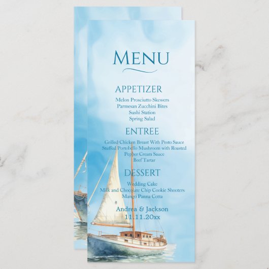 Waterverf Sailboat Wedding Menu (Voorkant / Achterkant)