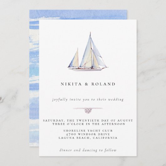 Waterverf Sailboot Nautical Wedding Invitation Aankondiging (Voorkant / Achterkant)
