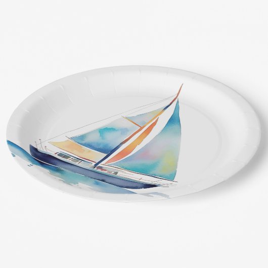 Waterverf Sailboot Papieren Bordje (Gekanteld)