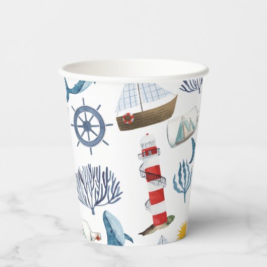 Waterverf Sailor Whale Zee Baby shower Papieren Bekers (Achterkant)
