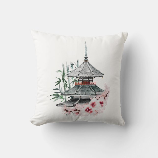 Waterverf Sakura Blossom Bamboo Japanse tempel Kussen (Voorkant)