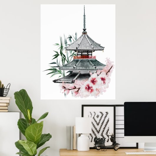 Waterverf Sakura Blossom Bamboo Japanse tempel Poster (Thuiskantoor)