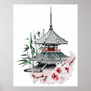Waterverf Sakura Blossom Bamboo Japanse tempel Poster