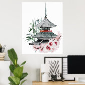 Waterverf Sakura Blossom Bamboo Japanse tempel Poster (Thuiskantoor)