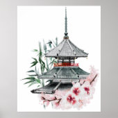 Waterverf Sakura Blossom Bamboo Japanse tempel Poster (Voorkant)