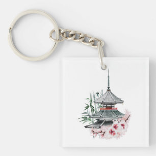 Waterverf Sakura Blossom Bamboo Japanse tempel Sleutelhanger
