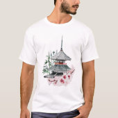 Waterverf Sakura Blossom Bamboo Japanse tempel T-shirt (Voorkant)