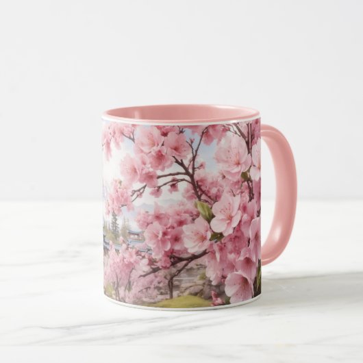 Waterverf Sakura Cherry Blossom en Mountain Uitzic Mok (Voorkant rechts)