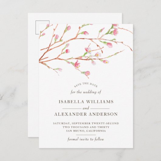 Waterverf Sakura | Cherry Blossom Sla de datum op Aankondigingskaart (Voorkant / Achterkant)