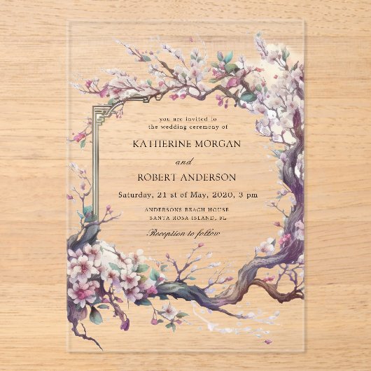 Waterverf Sakura Cherry Flower Wedding Acryl Uitnodigingen (Voorkant)