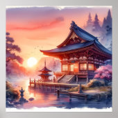Waterverf Sakura Japanse tempel in zonsondergang Poster (Voorkant)