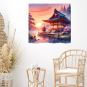 Waterverf Sakura Japanse tempel in zonsondergang Poster