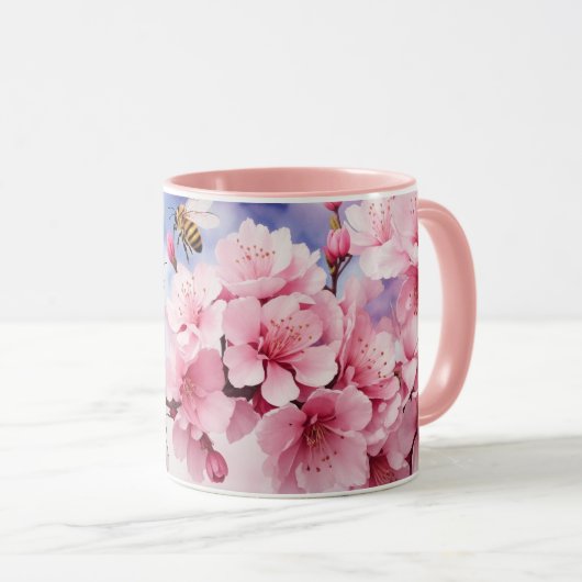 Waterverf Sakura Kersenbloesem met Bijen Mok (Voorkant rechts)